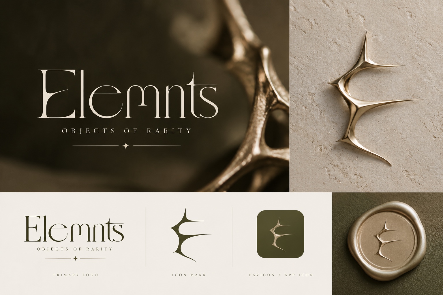 Approved Elemnts identity showing the skeletal E icon, serif wordmark and objects of rarity branding