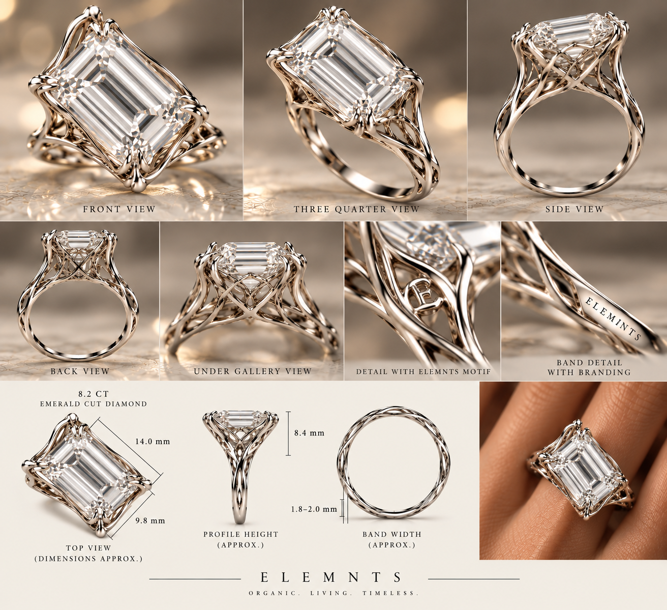 ELEMNTS organic skeletal emerald-cut diamond ring design
