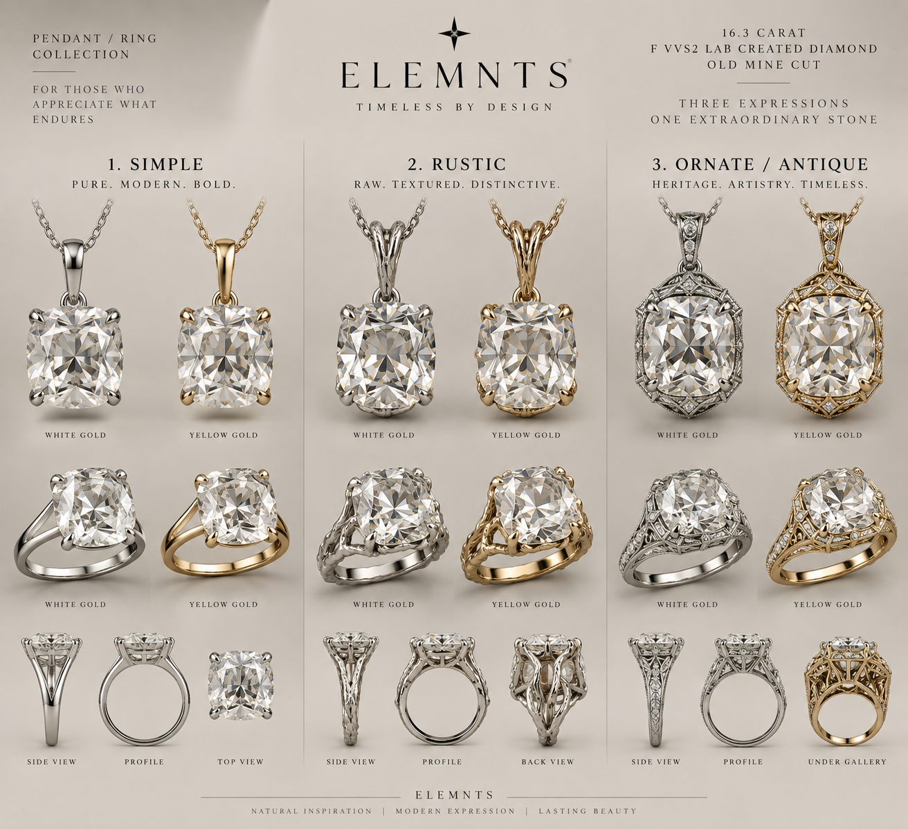 ELEMNTS old mine cut diamond ring and pendant expressions